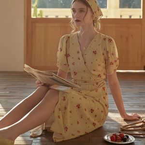 Simple Retro Kimura Floral-Print Midi Dress Yellow